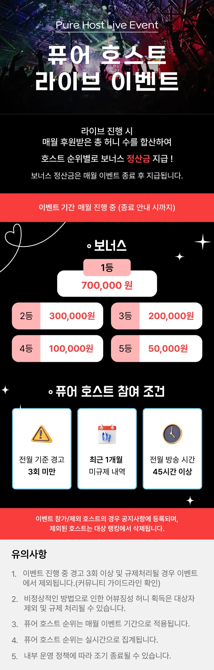 Pure Host Live Event  
퓨어 호스트 라이브 이벤트  

라이브 진행 시  
매달 후원받은 총 허니 수를 집계하여  
호스트 순위별로 보너스 상금 지급!  
보너스 상금은 매월 이벤트 종료 후 지급됩니다.  

이벤트 기간: 매월 진행 중 (종료 안내 시까지)  

보너스  
1등 700,000원  
2등 300,000원  
3등 200,000원  
4등 100,000원  
5등 50,000원  

퓨어 호스트 참여 조건  
- 전월 기준 경고 3회 미만  
- 최근 1개월 미규제 내역  
- 전월 방송 시간 45시간 이상  

※ 이벤트 참가자의 퓨어 호스트 공지 준수사항에 등록되며,  
제외된 호스트는 대상 집계에서 제외됩니다.  

유의사항  
1. 이벤트 진행 중 공고 3회 이상 규제사례가 발생할 경우 이벤트에서 제외됩니다. (부계정/가이드라인 위반)  
2. 발생된 보너스는 이벤트 종료 후 익월에 일괄 지급됩니다.  
3. 동일 순위 인원이 발생할 경우 해당 순위 인원이 동일한 상금 대상자 제외 및 규제 사례를 우선합니다.  
4. 퓨어 호스트 순위는 매월 이벤트 기간으로 적용됩니다.  
5. 이벤트 보너스 금액은 세금신고로 진행됩니다.  
6. 내부 운영 상황에 따라 조기 종료될 수 있습니다.